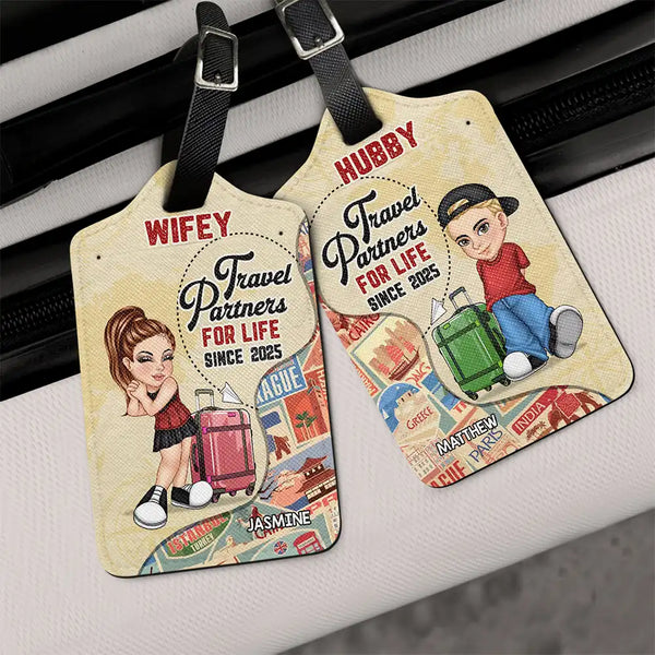 Gift For Couples, Gift For Husband, Gift For Wife, Gift For Boyfriend, Gift For Girlfriend, Travel - Couple Y2K Travel Partners For Life - Personalized Combo 2 Luggage Tags