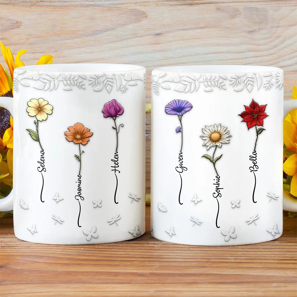 Gift For Women, Gift For Yourself, Gift For Mother, Gift For Grandma, Gift For Sisters, Gift For Bestie, Love - Birth Flowers For Mom, Grandma, Besties - 3D Embossed Effect Printed Mug, Personalized White Edge-to-Edge Mug