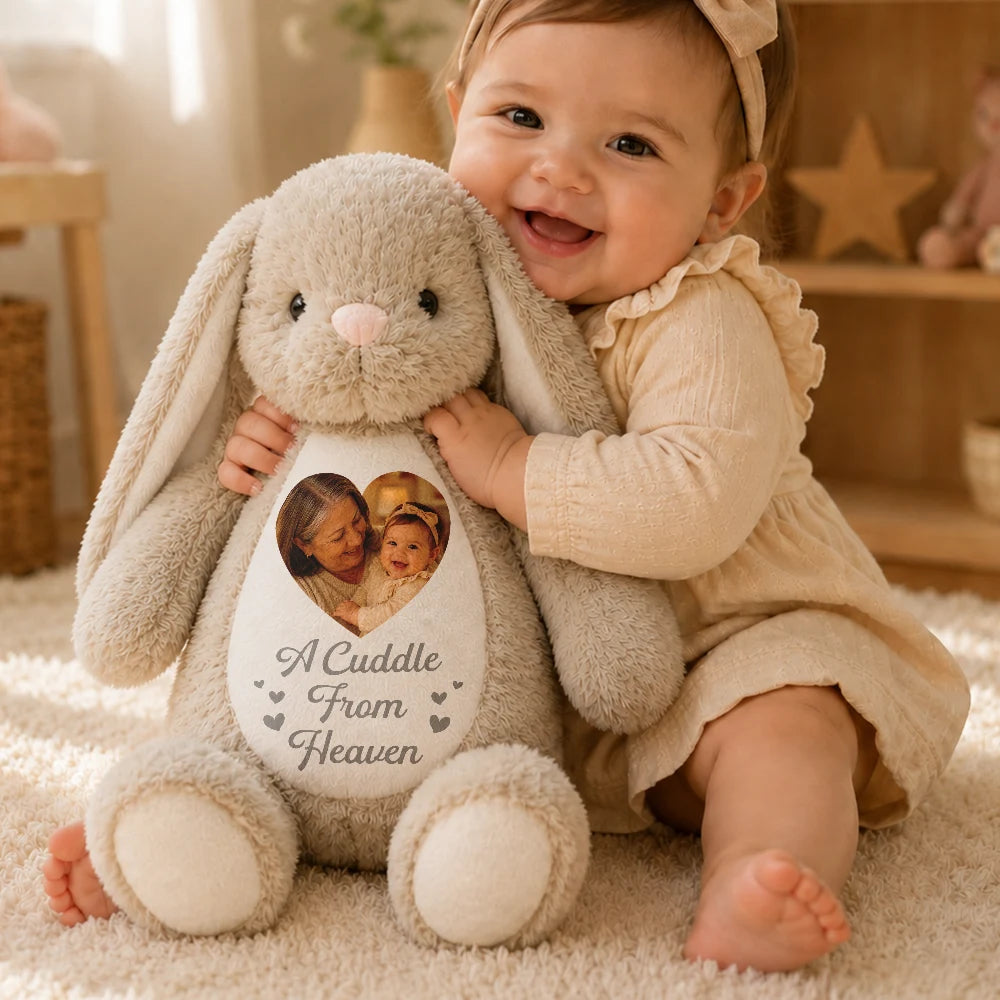 Custom Photo A Cuddle From Heaven Memorial - Personalized Soft Toy Bunny