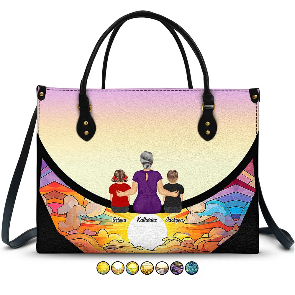 Gift For Women, Gift For Mother, Gift For Grandma, Single Mom, Mom - Daughters (Adult), Mom - Daughters (Young), Mom - Sons, Mom - Children, Grandma - Grandkids, Love - Grandma And Grandkids On The Moon - Personalized Leather Bag
