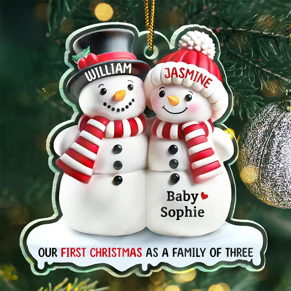 Our First Christmas As A Family Of Three Snow Family 3D Effect - Personalized Custom Shaped Acrylic Ornament