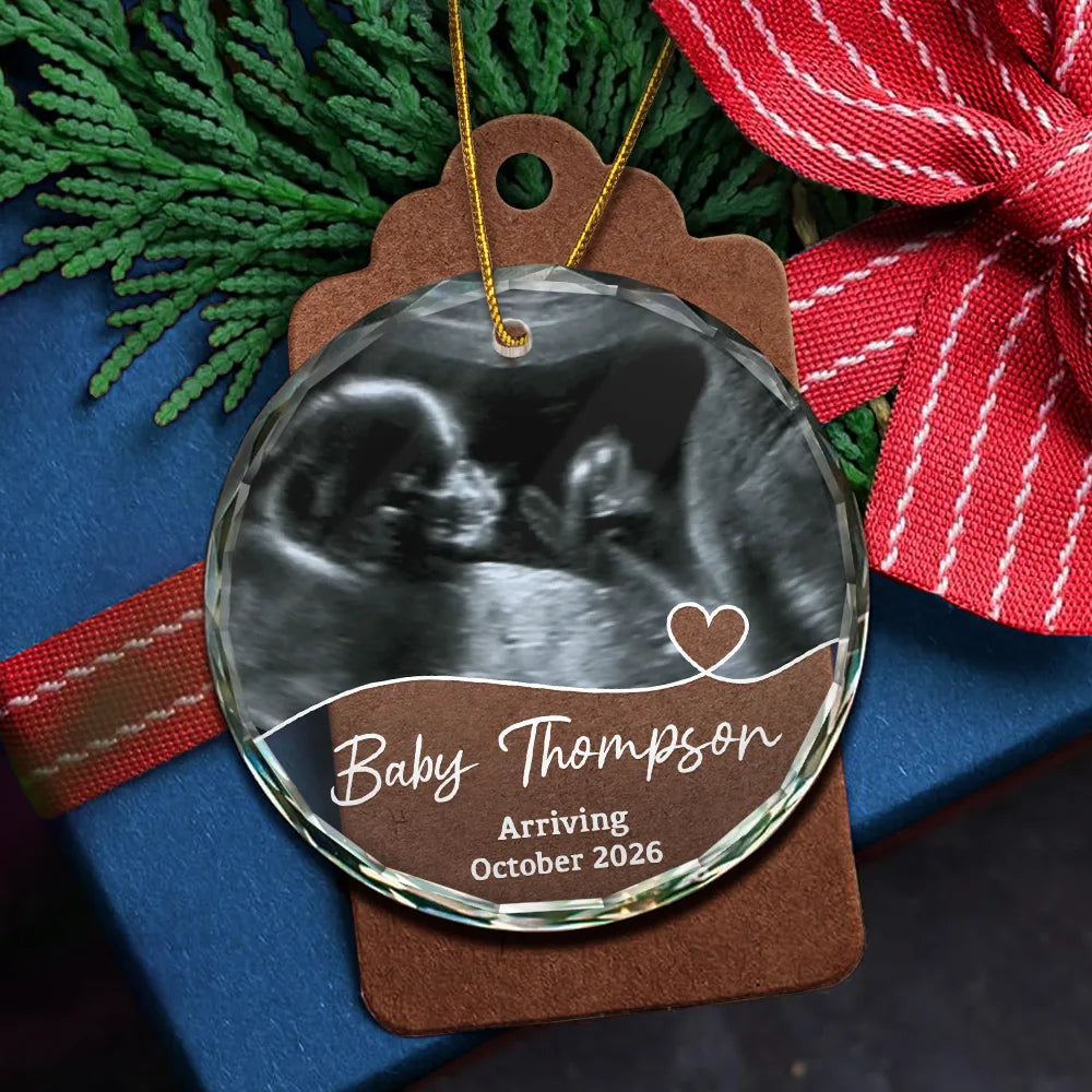 Custom Photo Arriving Baby First Christmas Ultrasound - Personalized Circle Glass Ornament