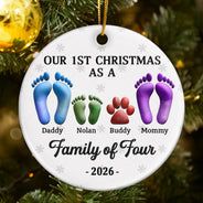 Christmas,Family,Dog Lovers,Cat Lovers,Pet Lovers,Parents,Happy - First Christmas As A Family Of Four Footprints 3D Effect - Personalized Circle Ceramic Ornament