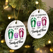 Christmas,Family,Dog Lovers,Cat Lovers,Pet Lovers,Parents,Happy - First Christmas As A Family Of Four Footprints 3D Effect - Personalized Circle Ceramic Ornament