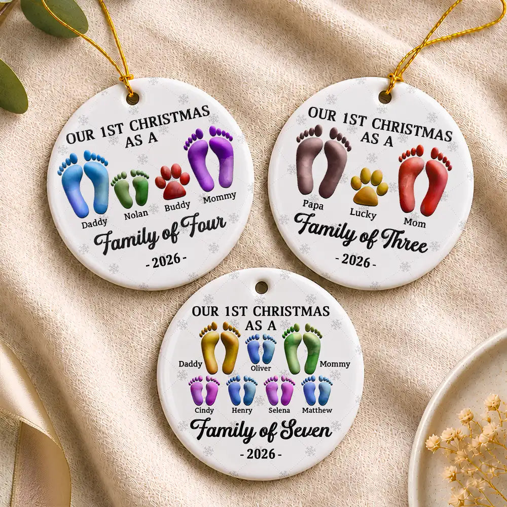 Christmas,Family,Dog Lovers,Cat Lovers,Pet Lovers,Parents,Happy - First Christmas As A Family Of Four Footprints 3D Effect - Personalized Circle Ceramic Ornament