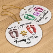Christmas,Family,Dog Lovers,Cat Lovers,Pet Lovers,Parents,Happy - First Christmas As A Family Of Four Footprints 3D Effect - Personalized Circle Ceramic Ornament