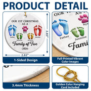 Christmas,Family,Dog Lovers,Cat Lovers,Pet Lovers,Parents,Happy - First Christmas As A Family Of Four Footprints 3D Effect - Personalized Circle Ceramic Ornament
