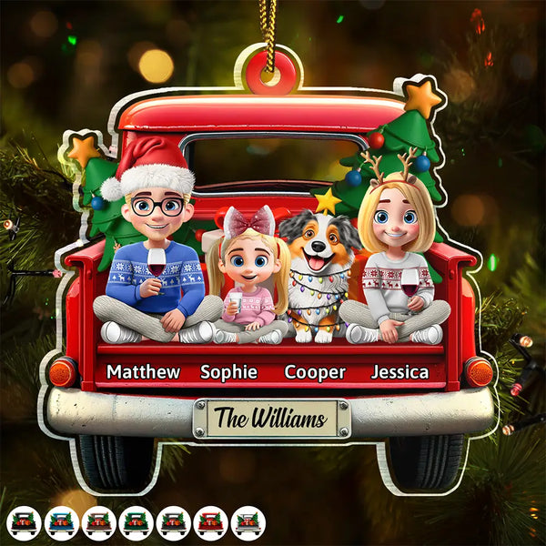 Christmas,Family,Happy - Family In Red Truck Couple With Kids & Pets - Personalized Custom Shaped Acrylic Ornament