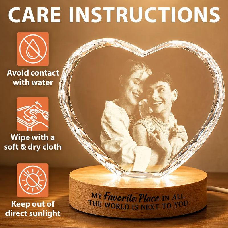 Custom Photo My Favorite Place In All The World Is Next To You - Personalized Crystal Heart Shaped Lamp