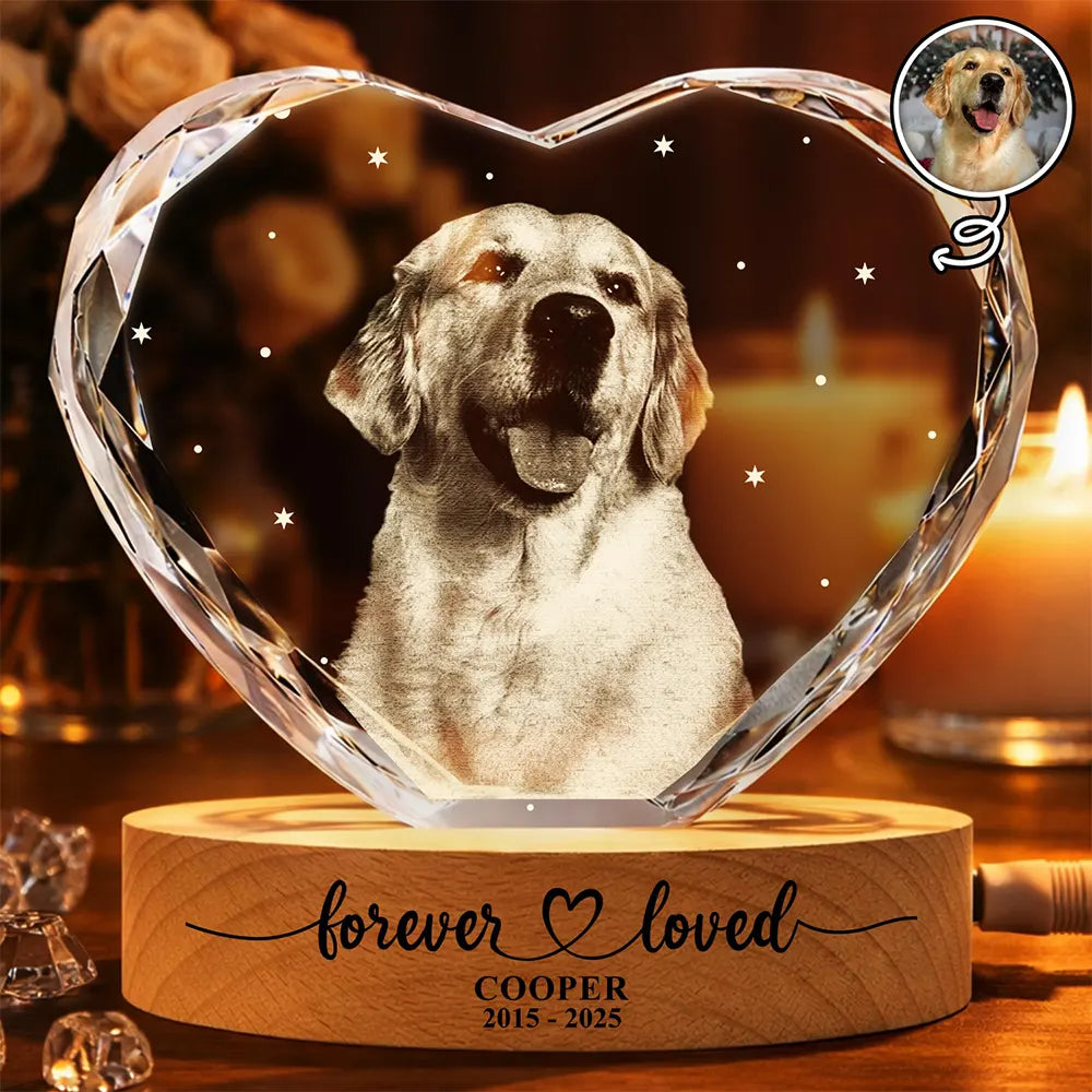 Pet Lovers,Cat Lovers,Dog Lovers,Sad,Memorial,Family - Custom Photo Forever Loved Memorial Dog Cat - Personalized Crystal Heart Shaped Lamp
