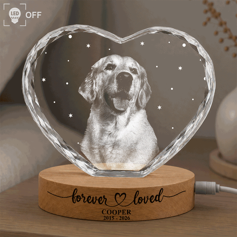 Pet Lovers,Cat Lovers,Dog Lovers,Sad,Memorial,Family - Custom Photo Forever Loved Memorial Dog Cat - Personalized Crystal Heart Shaped Lamp