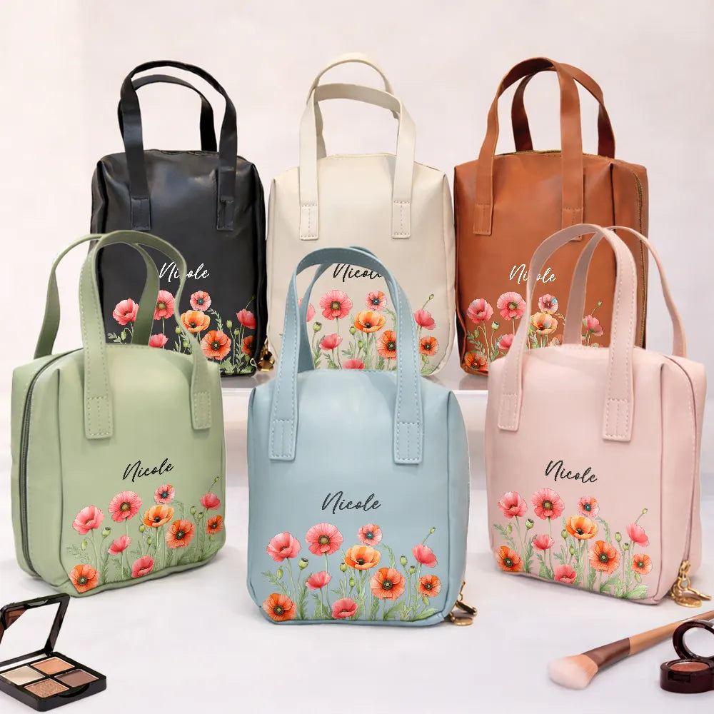 Gift For Yourself,Gift For Women,Happy - Flower Field Birth Month Flower & Name - Personalized Leather Makeup Bag With Handle