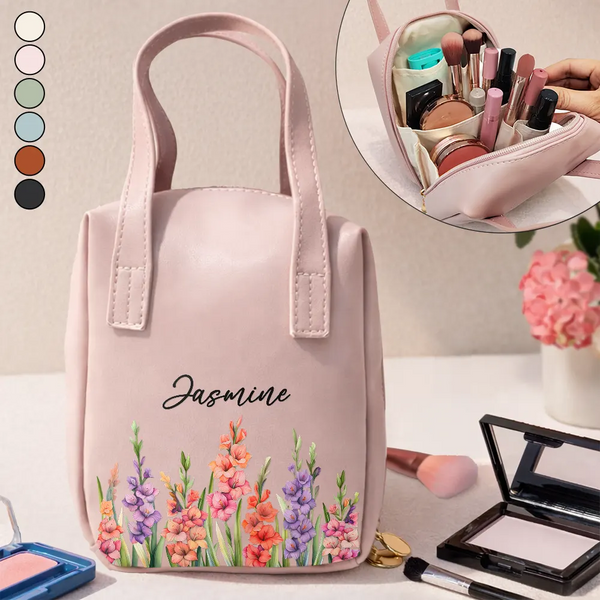 Gift For Yourself,Gift For Women,Happy - Flower Field Birth Month Flower & Name - Personalized Leather Makeup Bag With Handle