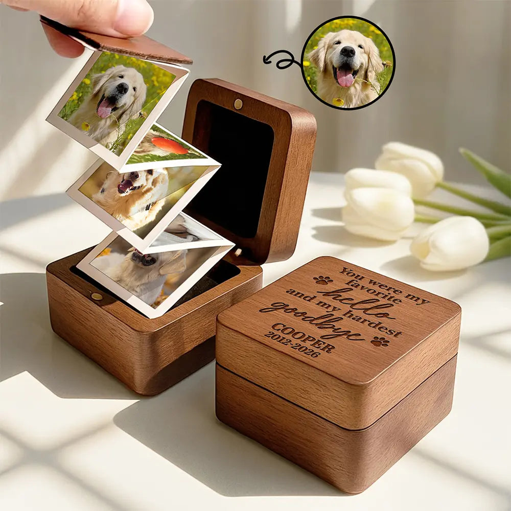 Pet Lovers,Pet Mom,Pet Dad,Pet Couple,Dog Lovers,Dog Mom,Dog Dad,Dog Couple,Cat Lovers,Cat Mom,Cat Dad,Cat Couple,Memorial,Sad - Custom Photo Favorite Hello And Hardest Goodbye - Personalized Wooden Accordion Photo Box