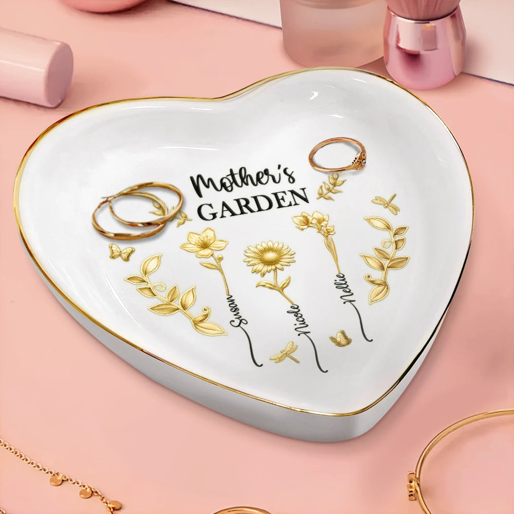 Gift For Women,Gift For Mother,Gift For Grandma,Love - 3D Metal Effect Birth Month Flowers Grandmas Moms Garden - Personalized Heart Ring Dish