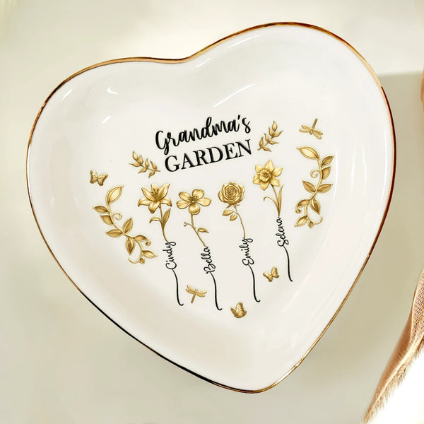 Gift For Women,Gift For Mother,Gift For Grandma,Love - 3D Metal Effect Birth Month Flowers Grandmas Moms Garden - Personalized Heart Ring Dish