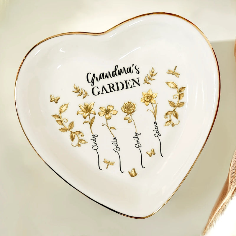 Gift For Women,Gift For Mother,Gift For Grandma,Love - 3D Metal Effect Birth Month Flowers Grandmas Moms Garden - Personalized Heart Ring Dish