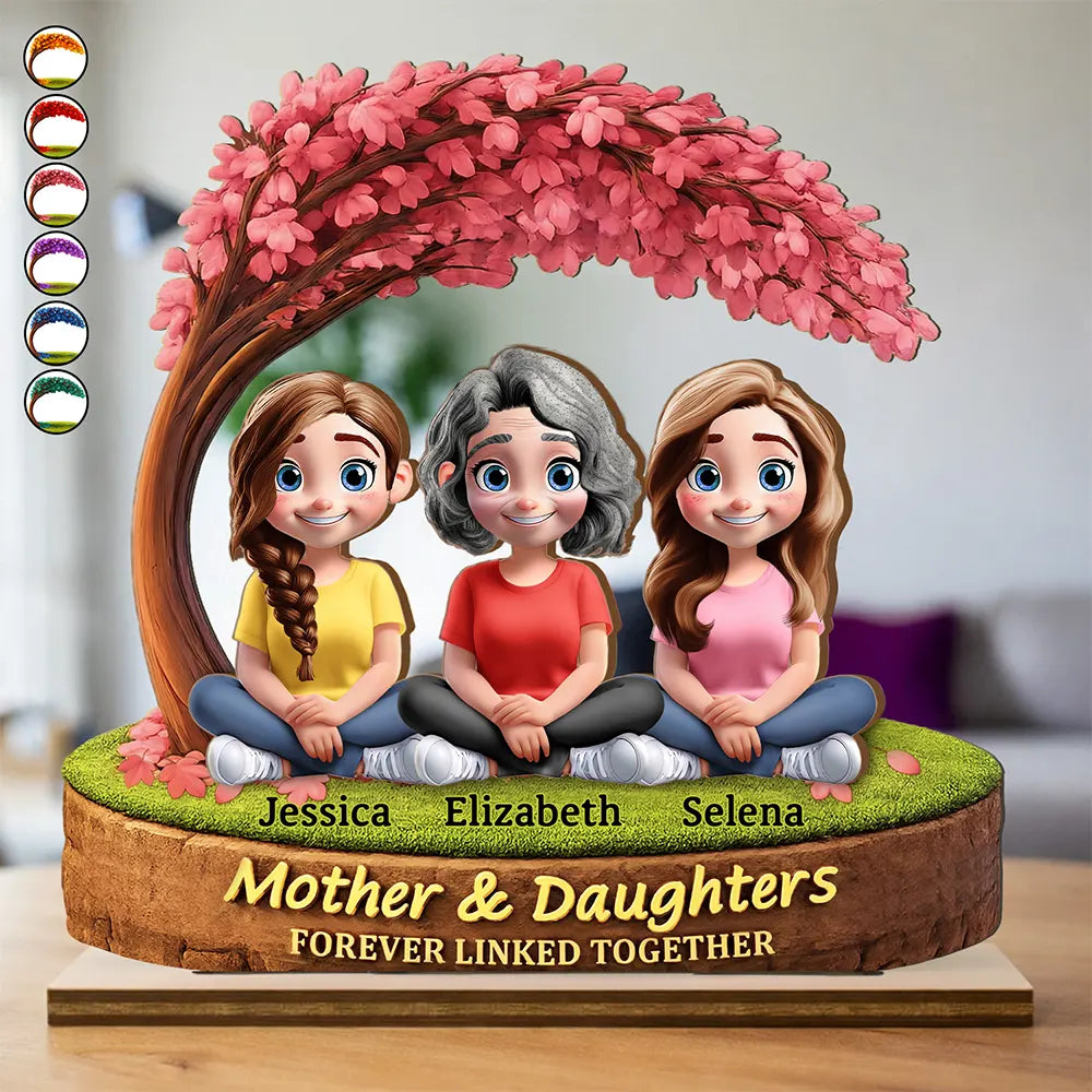 Mother Daughter Under The Tree Forever Linked Together - Personalized Custom Shaped 2-Layered Wooden Plaque