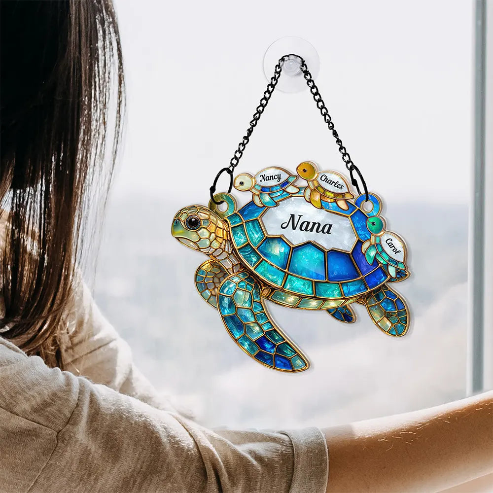 Grandma - Grandkids,Gift For Grandma,Gift For Mother,Happy,Top Market - Turtle Stained Glass Mom Grandma - Personalized Window Hanging Suncatcher Ornament