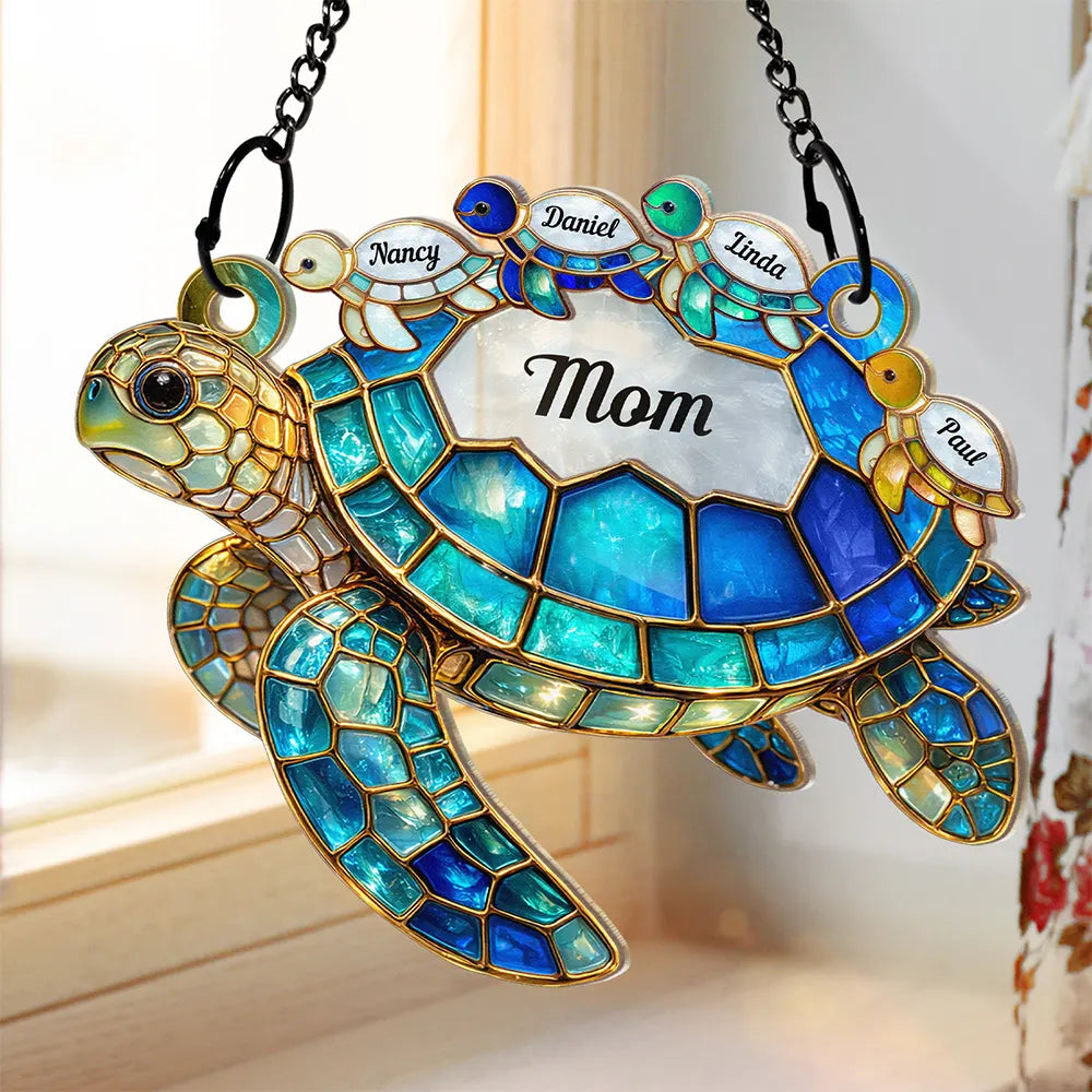 Turtle Stained Glass Mom Grandma - Personalized Window Hanging Suncatcher Ornament