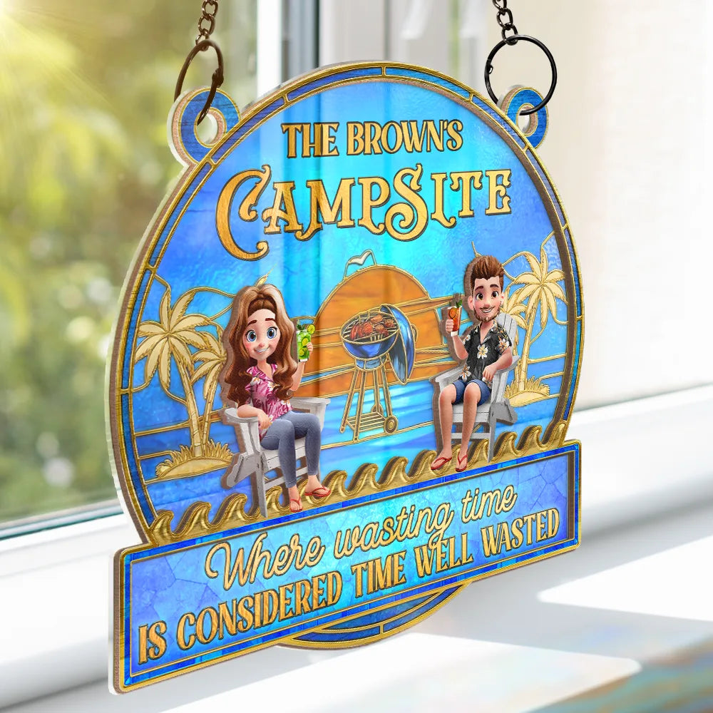 Vector,Patio,Poolside,Gift For Couples,Gift For Husband,Gift For Wife,Gift For Boyfriend,Gift For Girlfriend,Funny - Couple Poolside Paradise Relax Enjoy Stained Glass Effect - Personalized Window Hanging Suncatcher Ornament