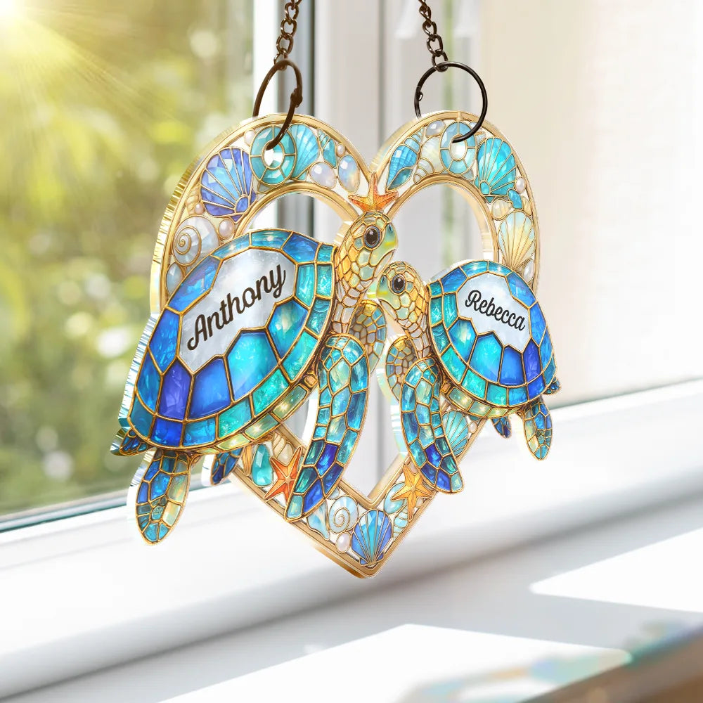 Gift For Couples,Gift For Husband,Gift For Wife,Gift For Boyfriend,Gift For Girlfriend,Beach,Happy,Icon - Sea Turtle Couple So Many In The Sea - Personalized Window Hanging Suncatcher Ornament
