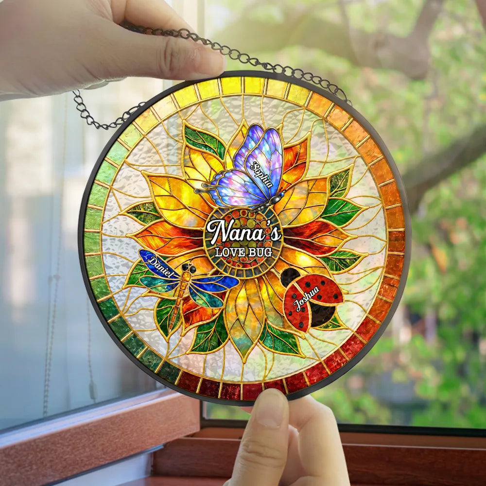Gift For Grandma,Grandma - Grandkids,Grandma's Hobby,Gardening,Happy,Icon,Adorable - Grandma's Love Bugs Stained Glass Effect - Personalized Stained Glass Window Hanging Suncatcher