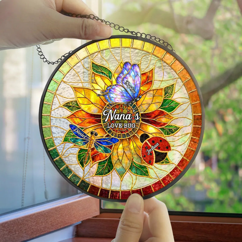 Gift For Grandma,Grandma - Grandkids,Grandma's Hobby,Gardening,Happy,Icon,Adorable - Grandma's Love Bugs Stained Glass Effect - Personalized Stained Glass Window Hanging Suncatcher