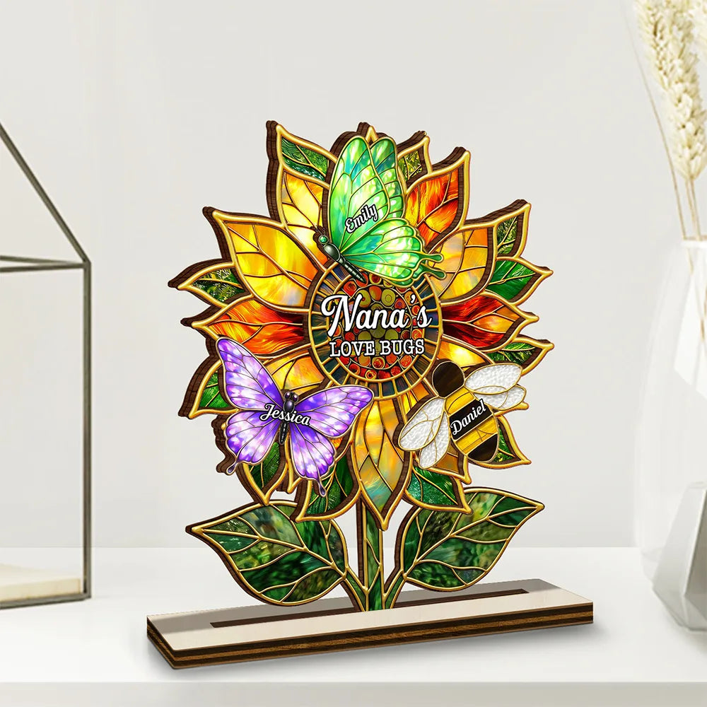 Gift For Grandma,Grandma - Grandkids,Grandma's Hobby,Gardening,Happy,Icon,Adorable - Grandma's Love Bugs Stained Glass Effect - Personalized Custom Shaped Wooden Plaque