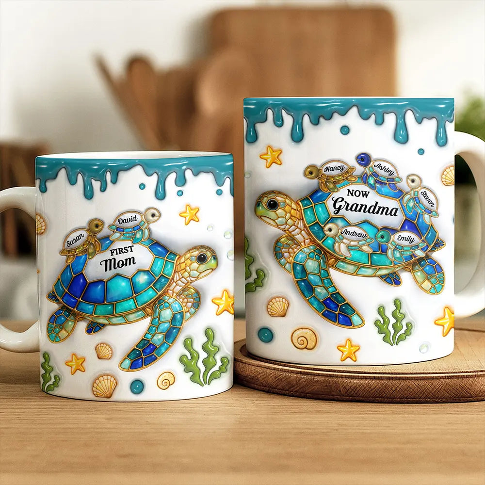 Gift For Grandma,Grandma - Grandkids,Gift For Mother,Beach,Happy,Non-Eng,Icon,Grateful - First Mom Now Grandma Turtle - Personalized White Edge-to-Edge Mug