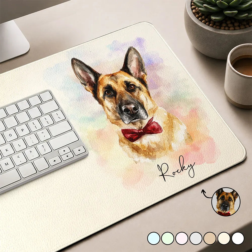 Gift For Yourself,Gift For Women,Gift For Men,Dog Lovers,Pet Lovers,Cat Lovers,Officer,Dog Mom,Dog Dad,Non-Eng,Photo - Watercolor (remove BG),Cozy - Custom Photo Realistic Watercolor Art Portrait Cat Dog Pet - Personalized Leather Desk Mat