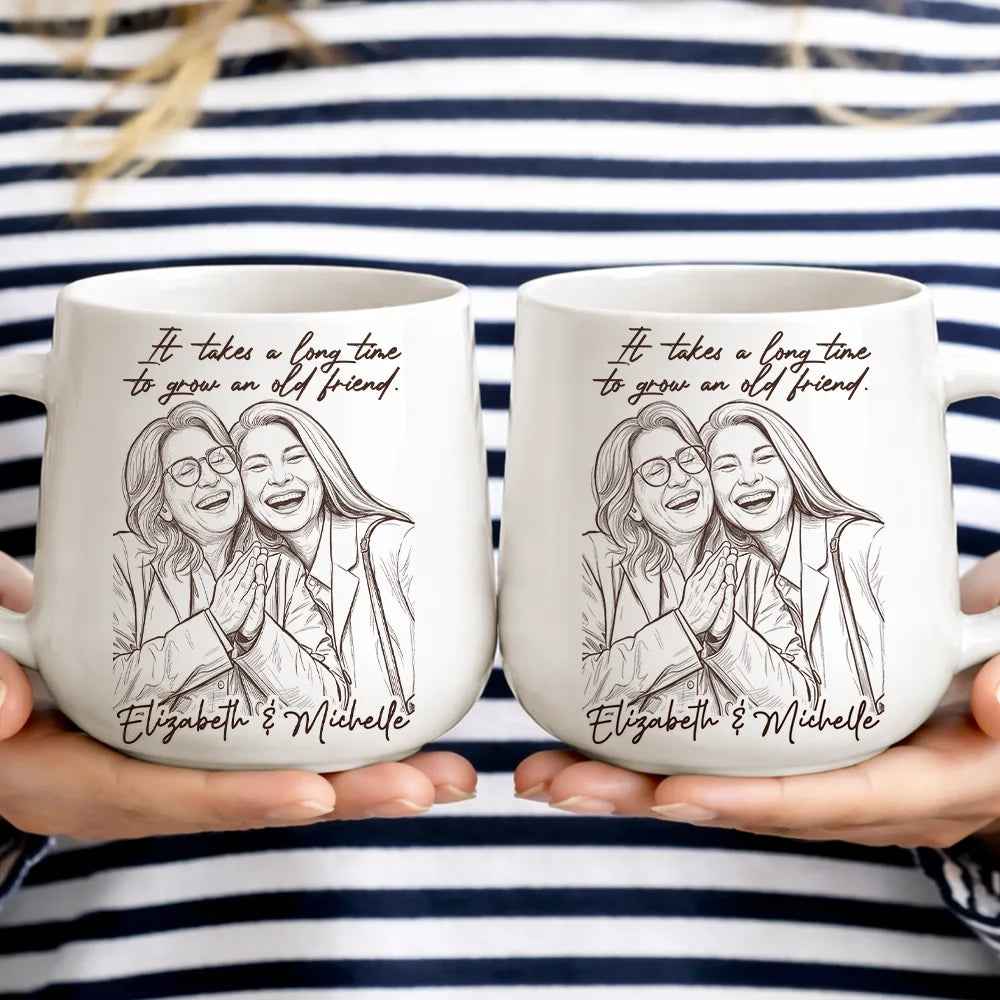 Custom Photo,Gift For Bestie,Happy,Non-Eng,Photo - Pencil Sketch,Sentimental - Custom Photo Pencil Sketch A True Friendship Is A Journey Without An End - Personalized Tapered Mug