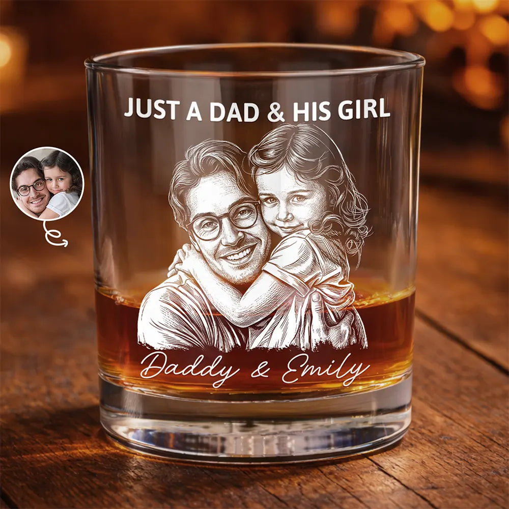 Custom Photo,Gift For Father,Dad - Daughters (Young),Non-Eng,Photo - Pencil Sketch (Dark BG),Proud - Custom Photo White Pencil Sketch Art Just A Dad And His Girl - Personalized Whiskey Glass