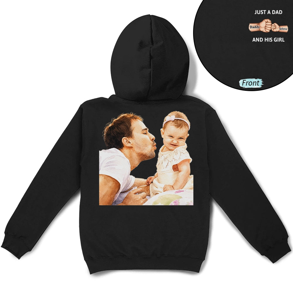 Custom Photo,Gift For Father,Dad - Daughters (Young),Non-Eng,Photo - Watercolor (remove BG),Proud - Custom Photo Realistic Watercolor Art Just A Dad And His Girl - Personalized T Shirt