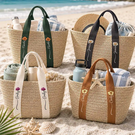 Birth Month Flower With Name - Personalized Straw Beach Bag