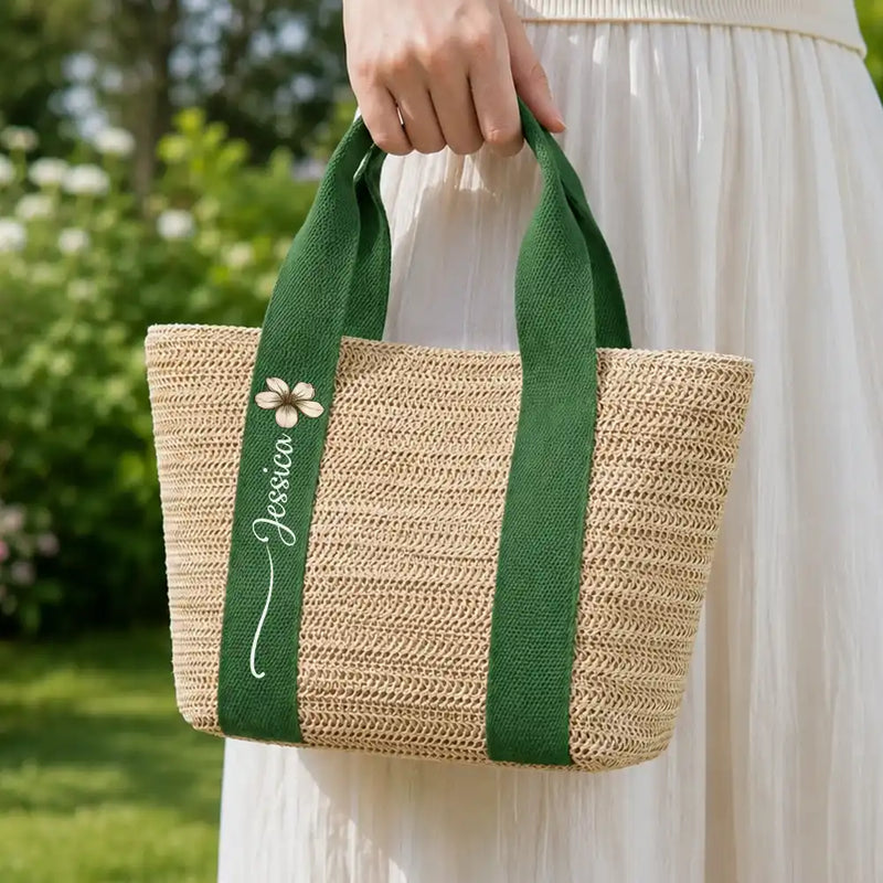 Gift For Yourself, Gift For Women, Summer, Adorable, Icon - Birth Month Flower With Name - Personalized Straw Beach Bag