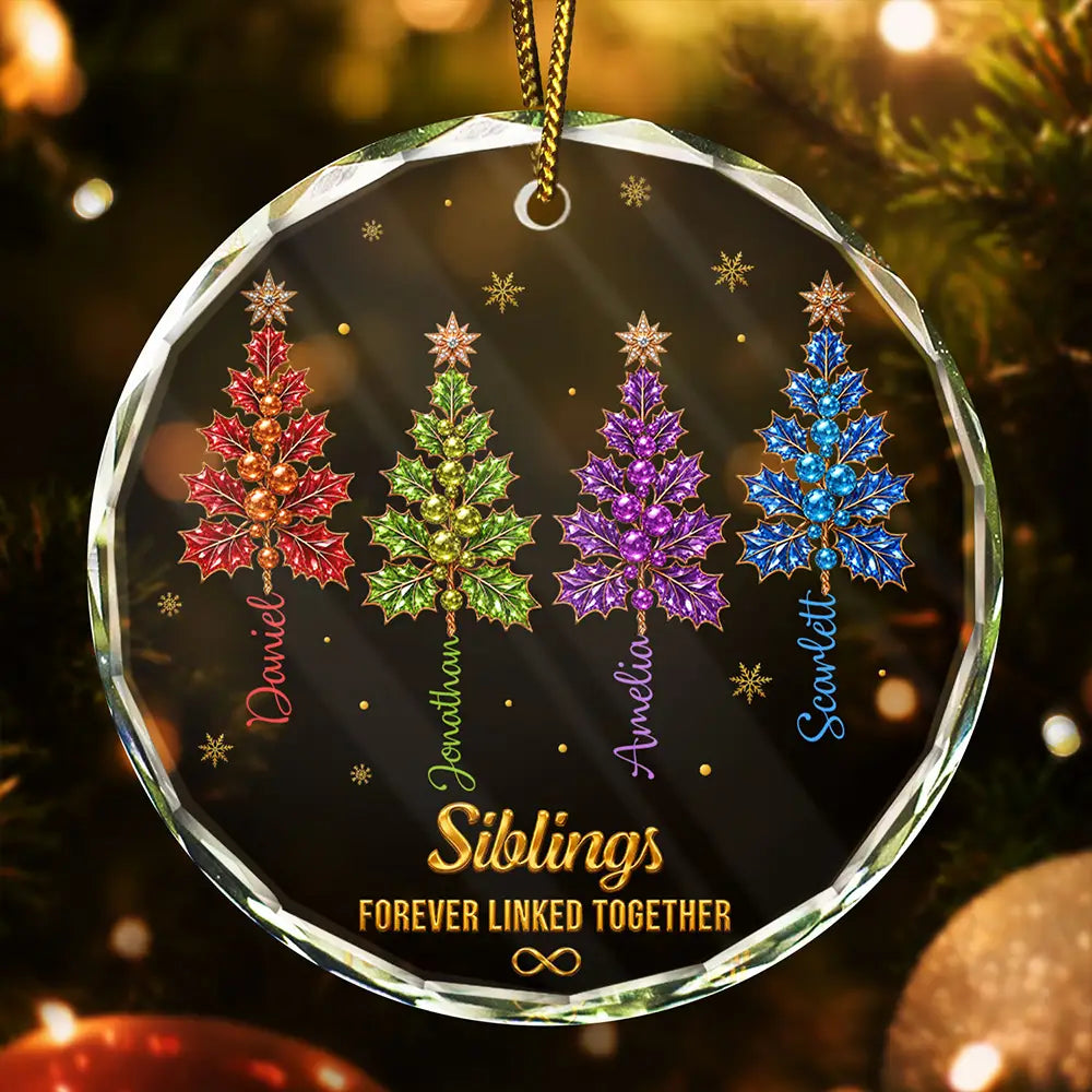 Christmas,Family,Gift For Sibling,Icon,Sentimental - Gift For Siblings - Personalized Brothers & Sisters Forever Linked Together Crystal Holly Circle Glass Ornament