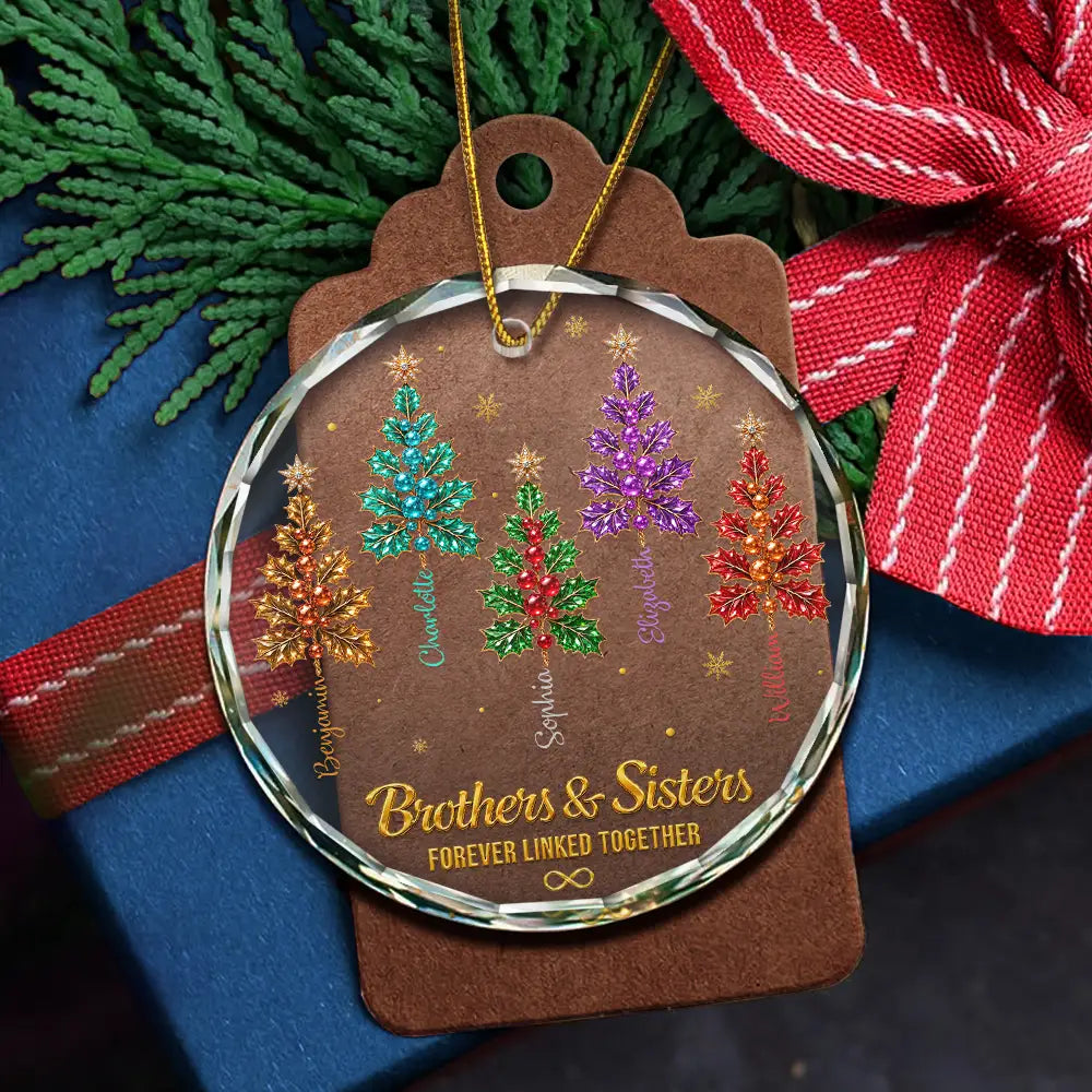 Christmas,Family,Gift For Sibling,Icon,Sentimental - Gift For Siblings - Personalized Brothers & Sisters Forever Linked Together Crystal Holly Circle Glass Ornament