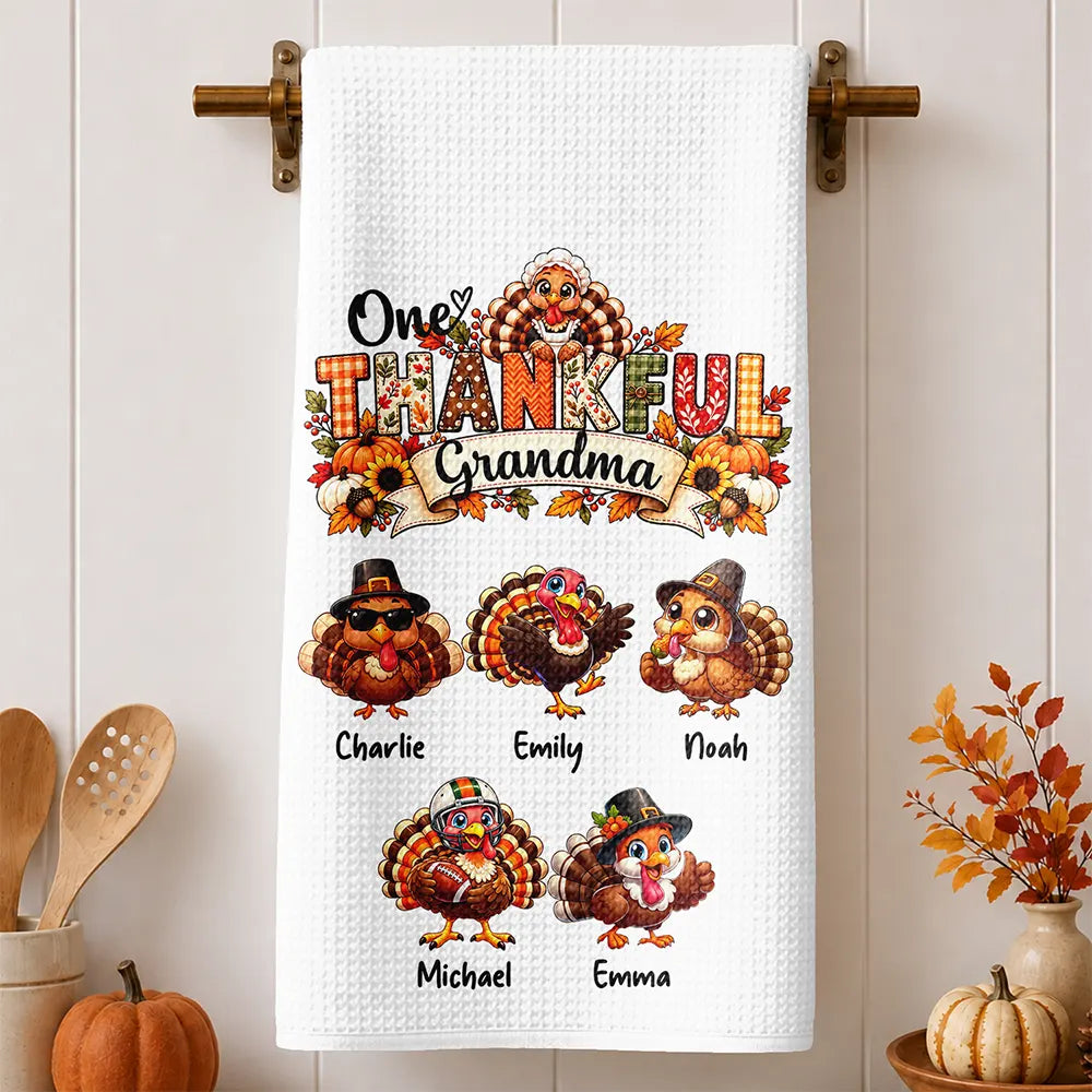 Cozy,Gift For Grandma,Gifts For Her,Icon,ThanksgivingThanksgiving Gift For Grandma - Personalized One Thankful Grandma Kitchen Towel-