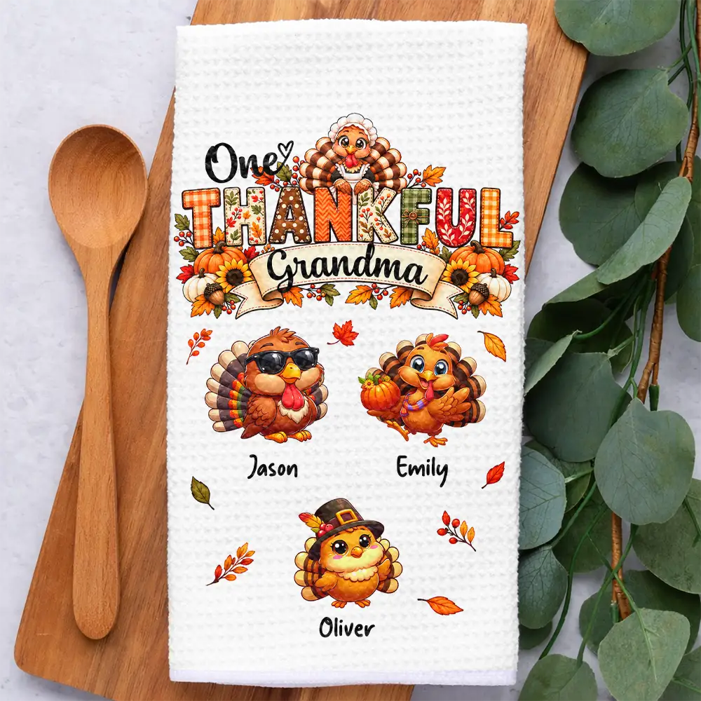 Cozy,Gift For Grandma,Gifts For Her,Icon,ThanksgivingThanksgiving Gift For Grandma - Personalized One Thankful Grandma Kitchen Towel-