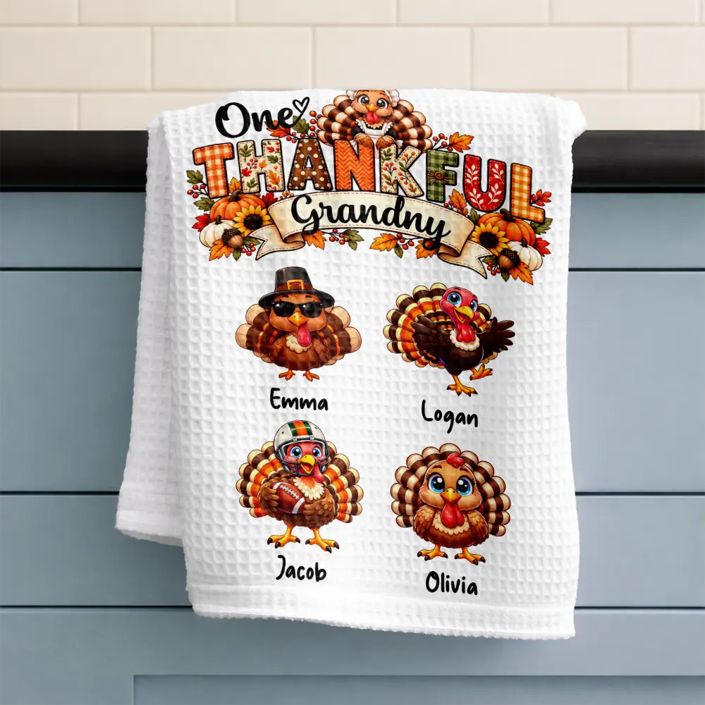 Cozy,Gift For Grandma,Gifts For Her,Icon,ThanksgivingThanksgiving Gift For Grandma - Personalized One Thankful Grandma Kitchen Towel-