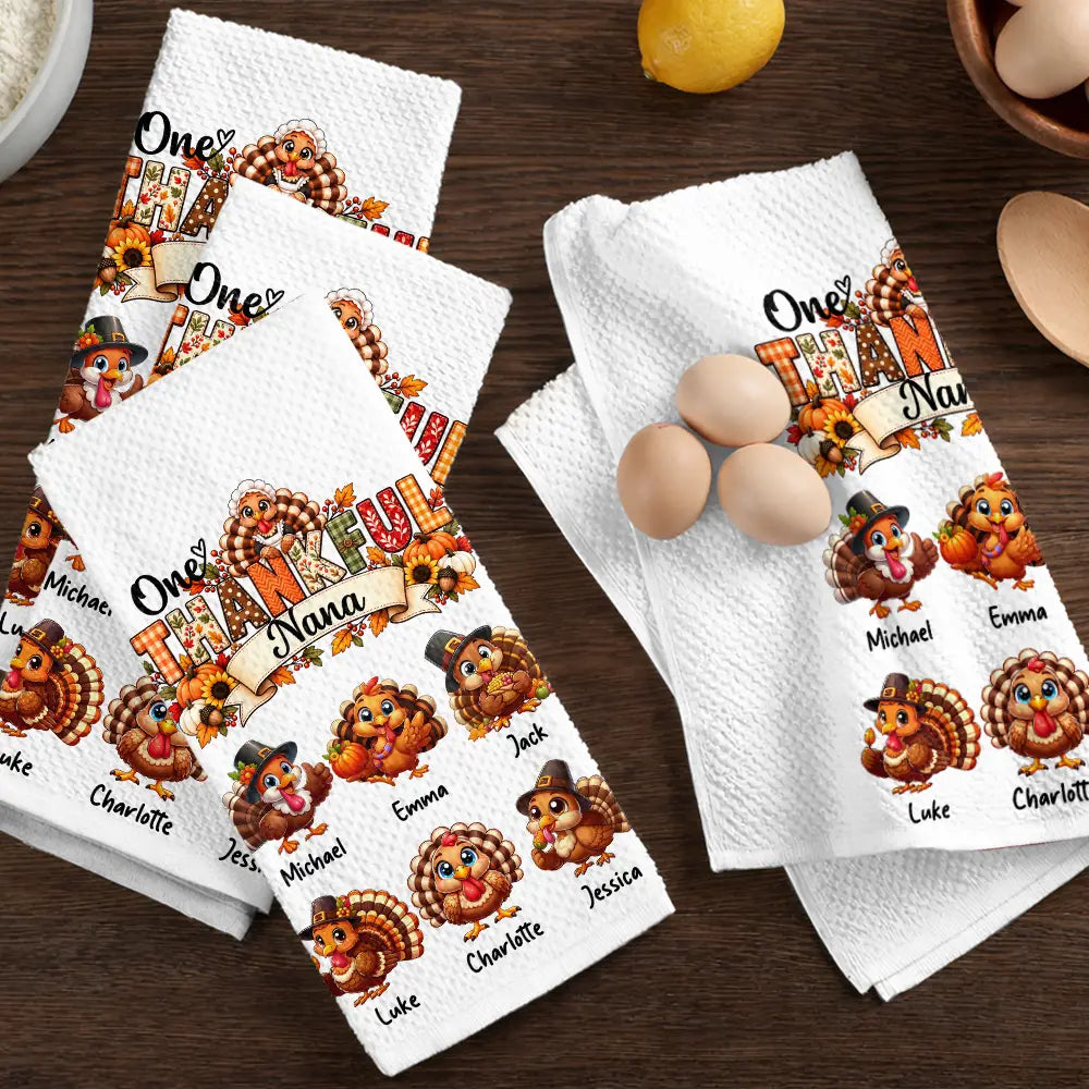 Cozy,Gift For Grandma,Gifts For Her,Icon,ThanksgivingThanksgiving Gift For Grandma - Personalized One Thankful Grandma Kitchen Towel-