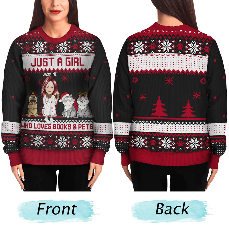 Christmas Reading Girl Who Loves Books & Pets - Gift For Book Lovers. Pet Lovers - Personalized Unisex Ugly Sweater
