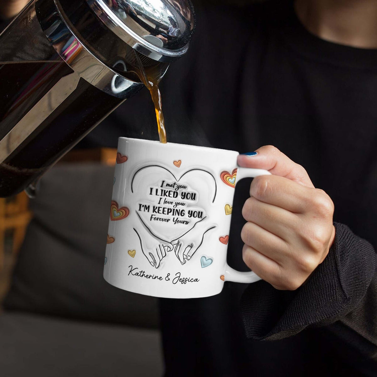 Couple One Line Hand Holding Forever Yours - Gift For Couples - 3D Inflated Effect Printed Mug, Personalized White Edge-to-Edge Mug