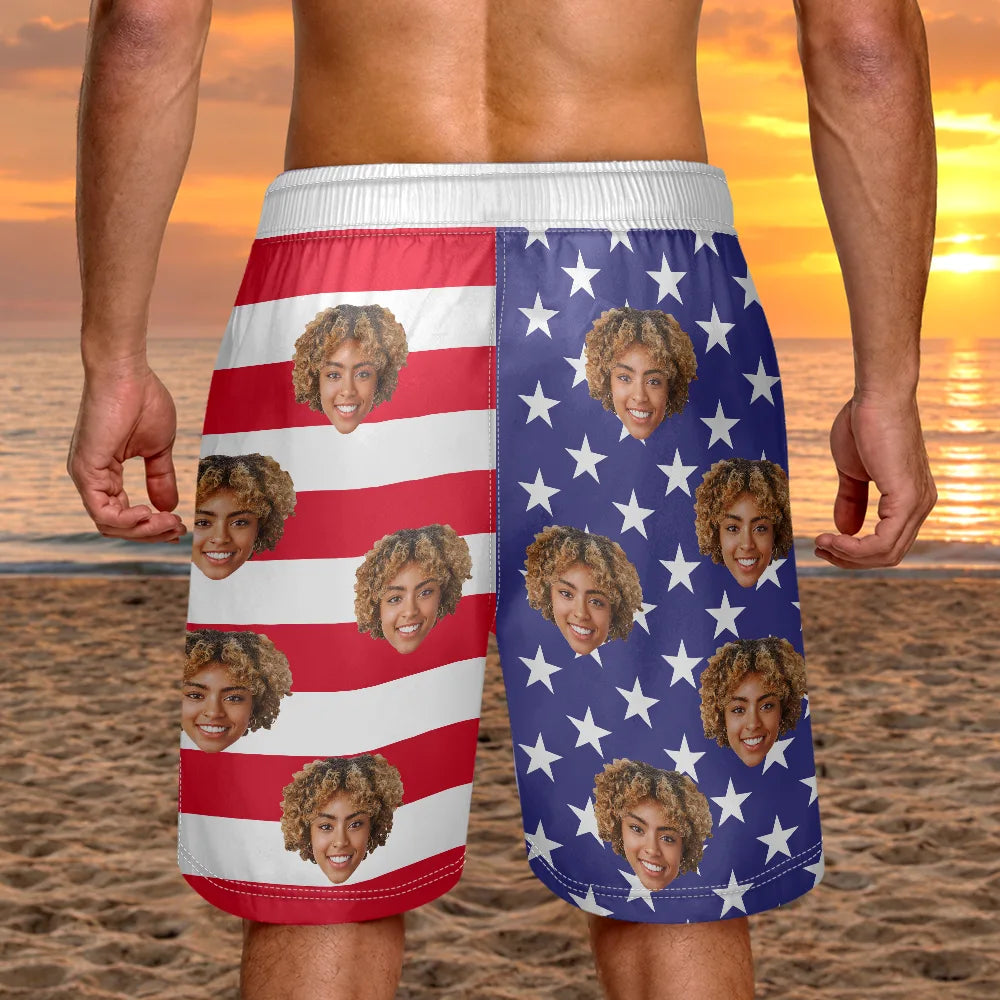 Custom Photo American Flag - Personalized Unisex Beach Shorts
