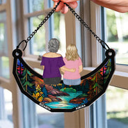 Together On The Moon Grandma, Mom And Children - Personalized Window Hanging Suncatcher Ornament
