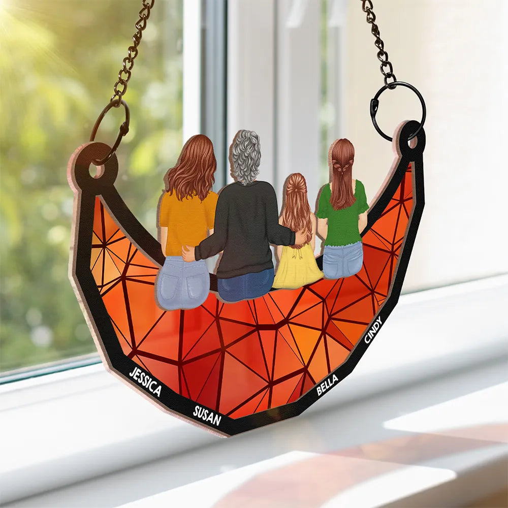 Together On The Moon Grandma, Mom And Children - Personalized Window Hanging Suncatcher Ornament