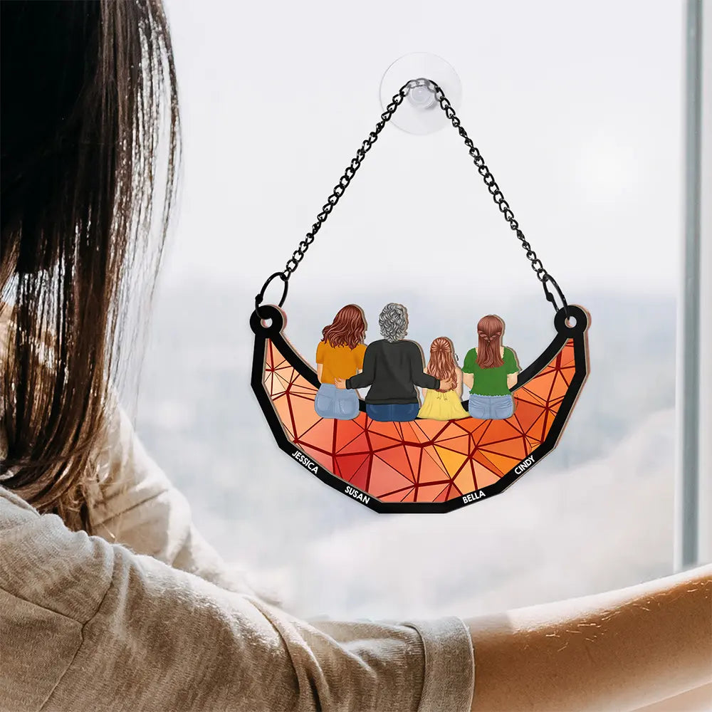Grandma Mom And Children Sitting On The Moon - Personalized Window Hanging Suncatcher Ornament
