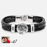 Gift For Father,Gift For Grandpa,Non-Eng,Photo - Pencil Sketch (Bold),Proud - Custom Photo Bold Sketch Best Dad Grandpa Ever Family Portrait - Personalized Leather Braided Bracelet