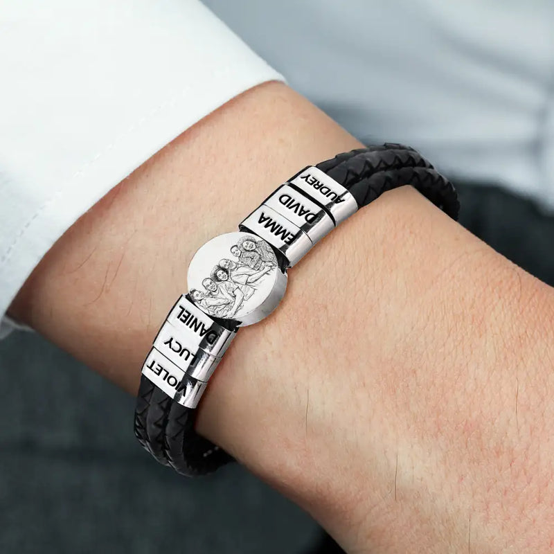 Gift For Father,Gift For Grandpa,Non-Eng,Photo - Pencil Sketch (Bold),Proud - Custom Photo Bold Sketch Best Dad Grandpa Ever Family Portrait - Personalized Leather Braided Bracelet